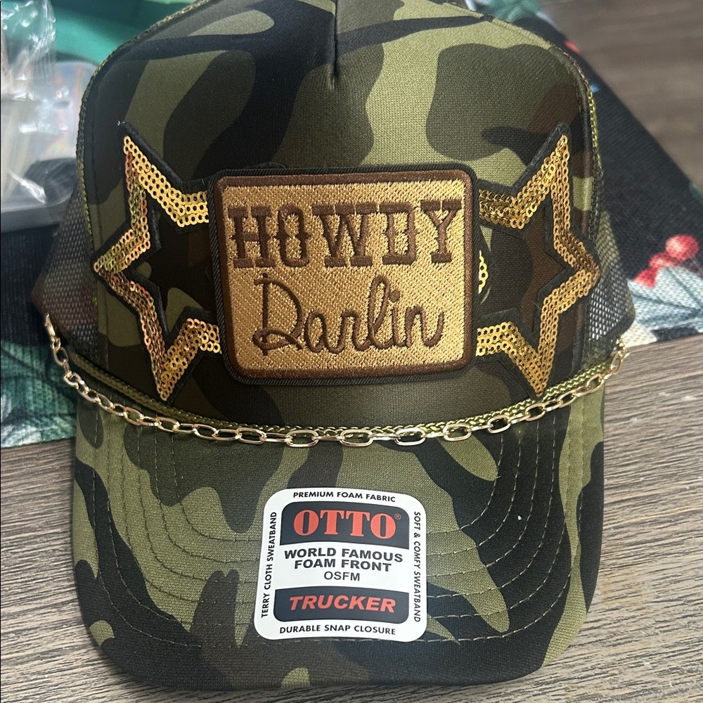 Green Camo Trucker Hat with Gold Detail